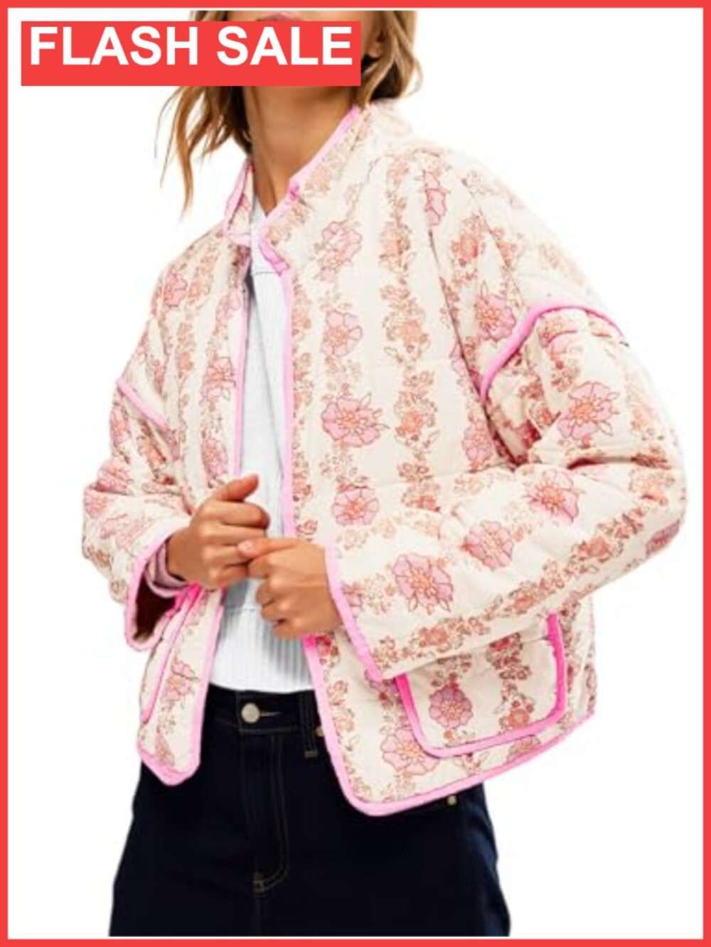 Quilted Floral Print Open Front Padded Jacket Long Sleeve